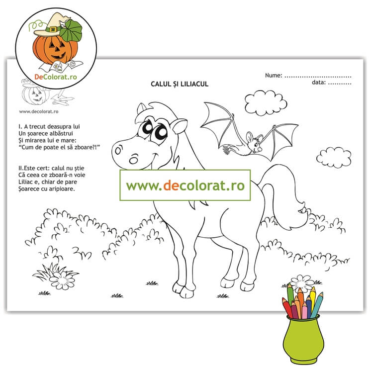 Calul și liliacul – planșă de colorat cu poezie
