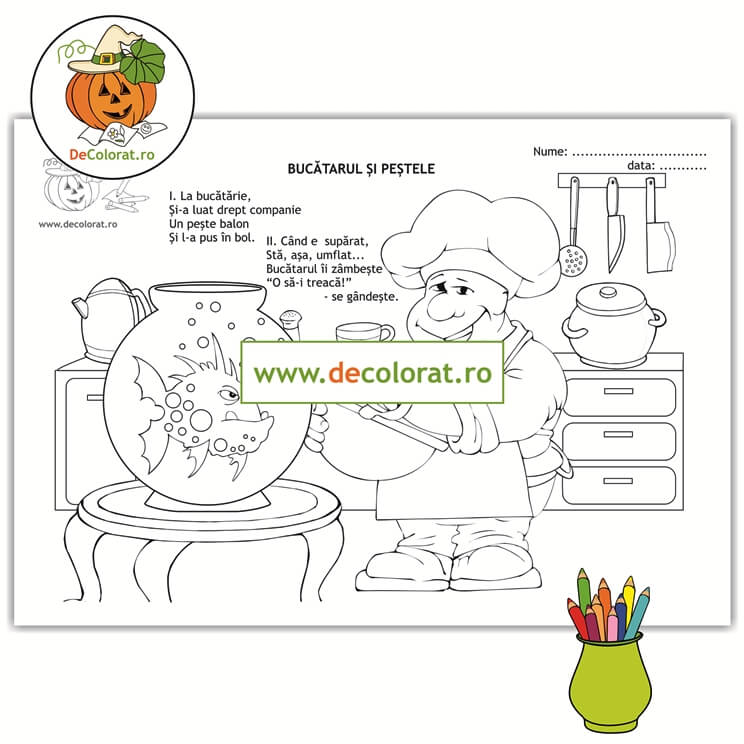 Bucătarul și peștele – planșă de colorat cu poezie