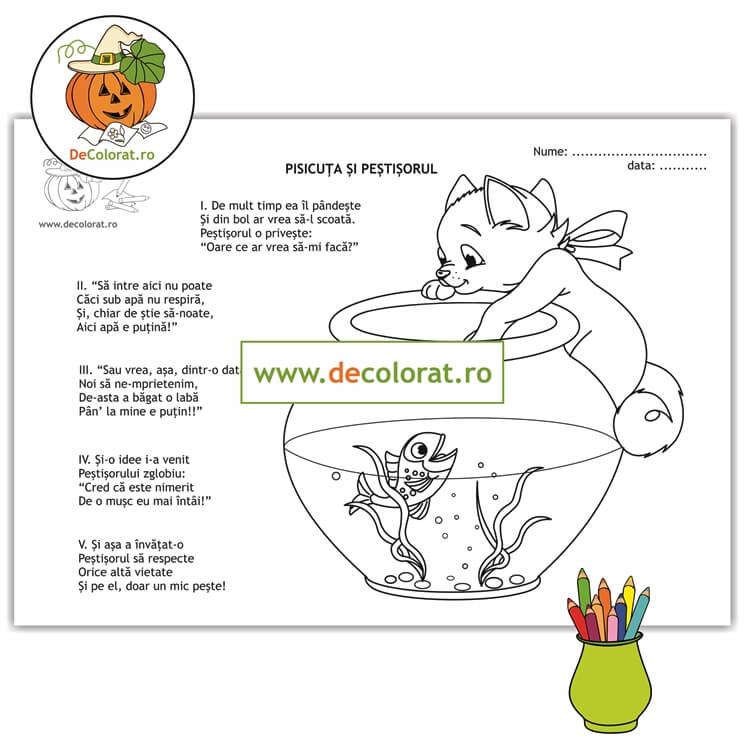 Pisicuța și peștișorul – planșă de colorat cu poezie