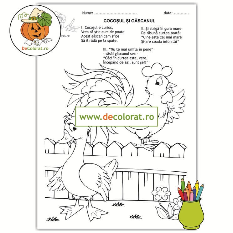 Cocoșul și gâscanul – planșă de colorat cu poezie