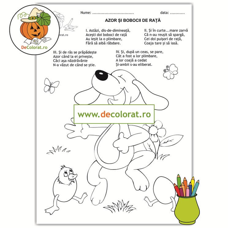 Azor și bobocii de rață – planșă de colorat cu poezie