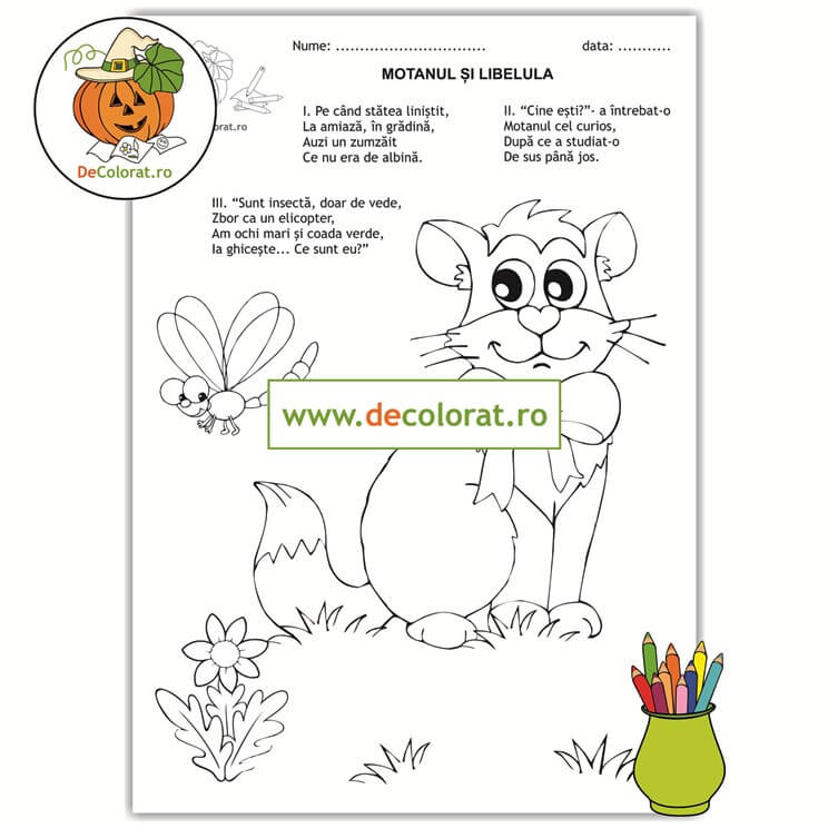 Motanul și libelula – planșă de colorat cu poezie