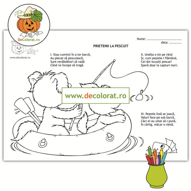Prietenii la pescuit  – planșă de colorat cu poezie