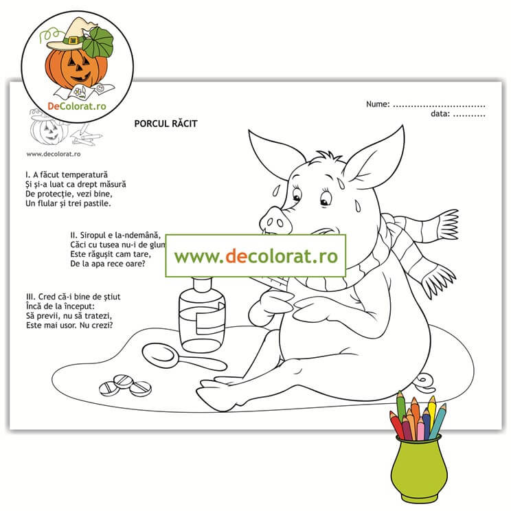Porcul răcit – planșă de colorat cu poezie