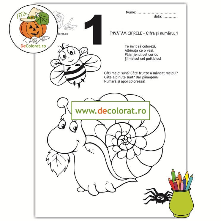 Fișă de lucru cu cifra 1 cu insecte