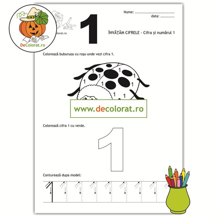 Fișă de trasare și de colorat cifra 1