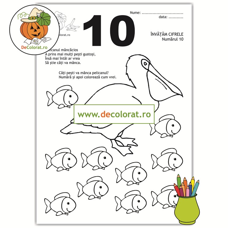 Fișă de lucru cu numărul 10 – pelicanul cu cei 10 pești