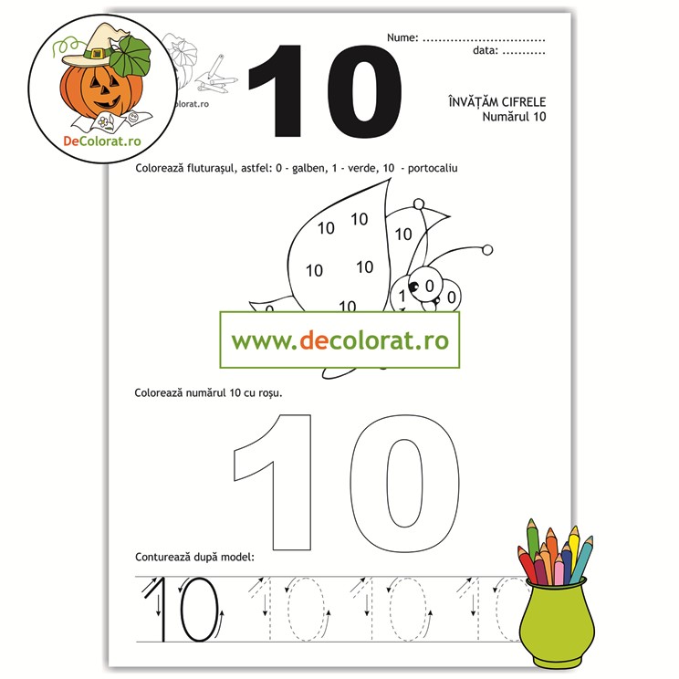Fișă de trasare și de colorat cu numărul 10