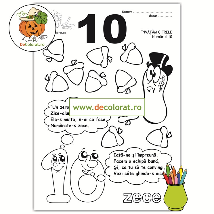 Planșă de colorat numarul 10 cu versuri