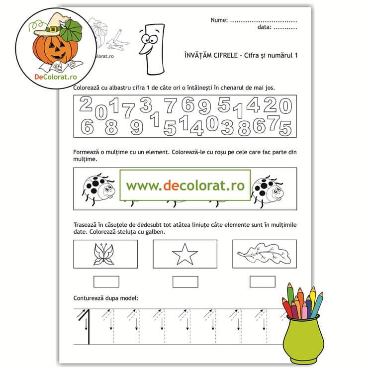 Fișă de lucru cu cifra 1 – identificare, mulțimi, trasare