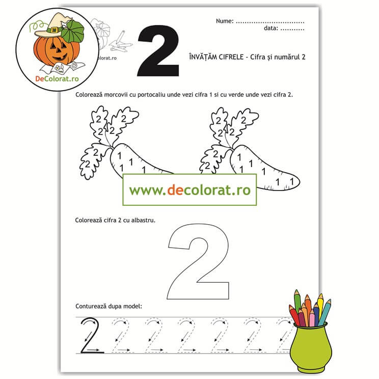 Fișă de trasare și de colorat cifra 2