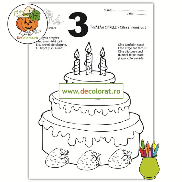 Fișă de lucru cu cifra 3 cu tort cu căpșune