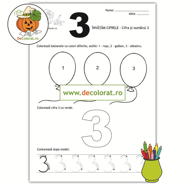 Fișă de trasare și de colorat cifra 3