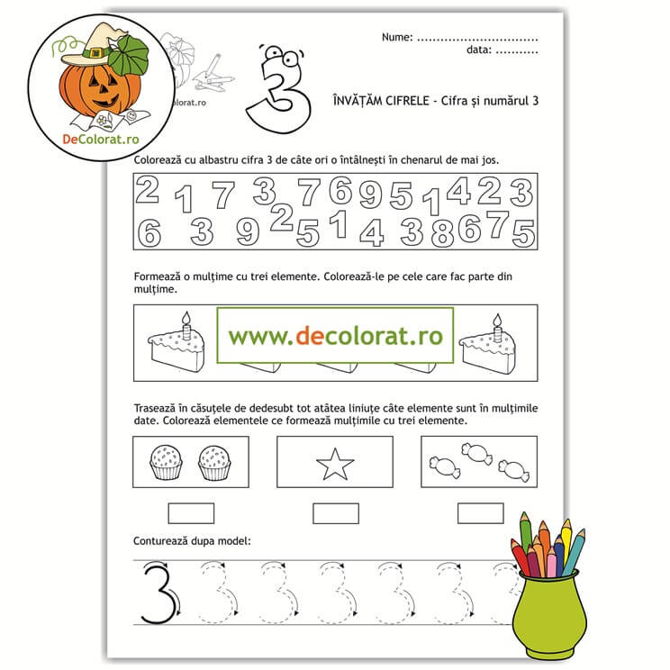 Fișă de lucru cu cifra 3 – identificare, mulțimi, trasare