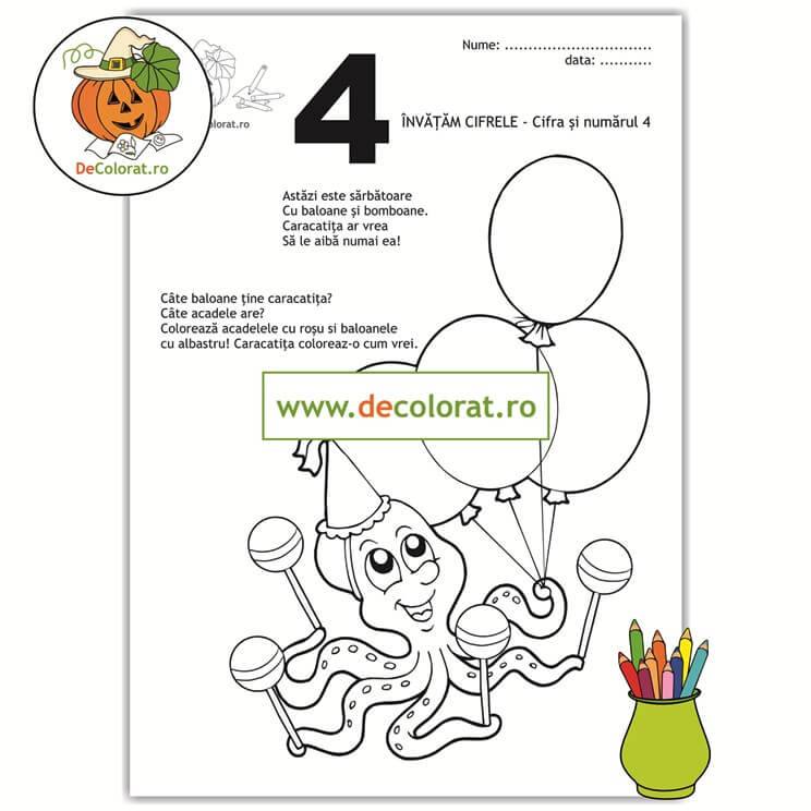 Fișă de lucru cu cifra 4 cu caracatița petrecăreață