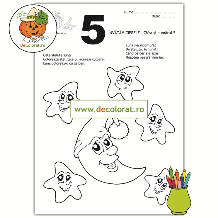 Fișă de lucru cu cifra 5 cu luna și stele