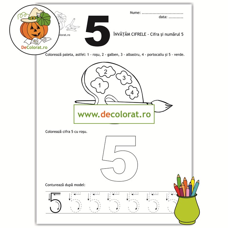 Fișă de trasare și de colorat cu cifra 5