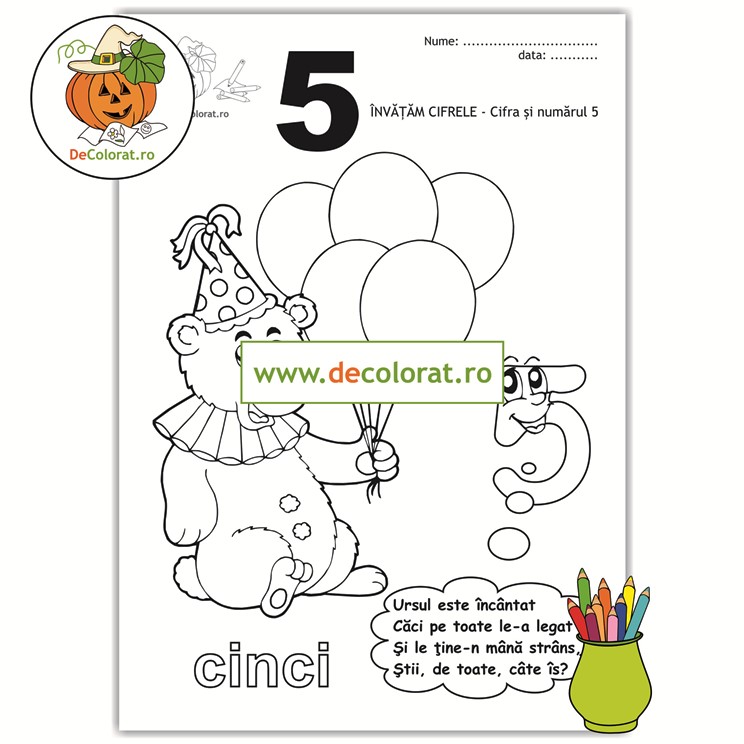 Planșă de colorat cifra 5 cu ghicitoare