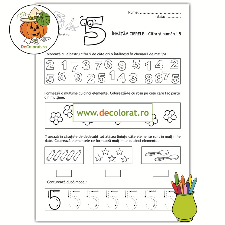 Fișă de lucru cu cifra 5 – identificare, mulțimi, trasare 5