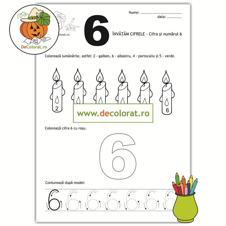 Fișă de trasare și de colorat cu cifra 6