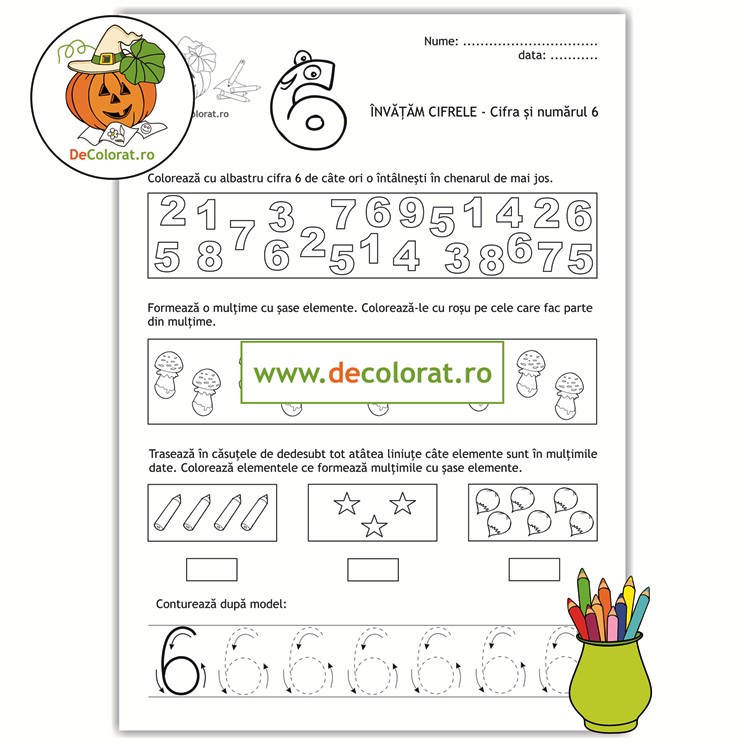 Fișă de lucru cu cifra 6 – identificare, mulțimi, trasare 6