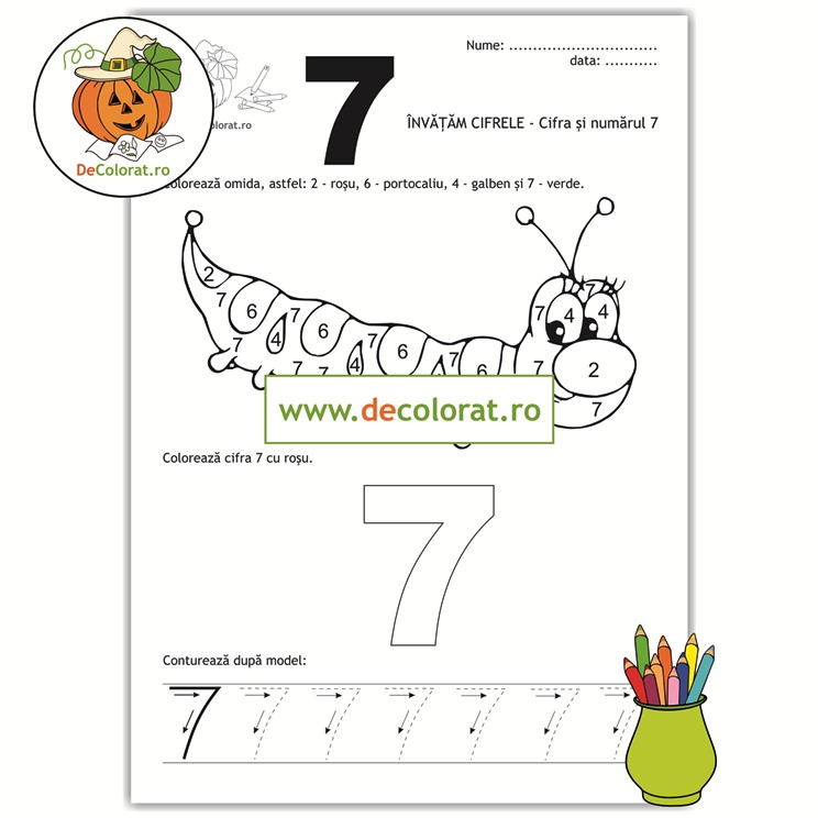 Fișă de trasare și de colorat cu cifra 7