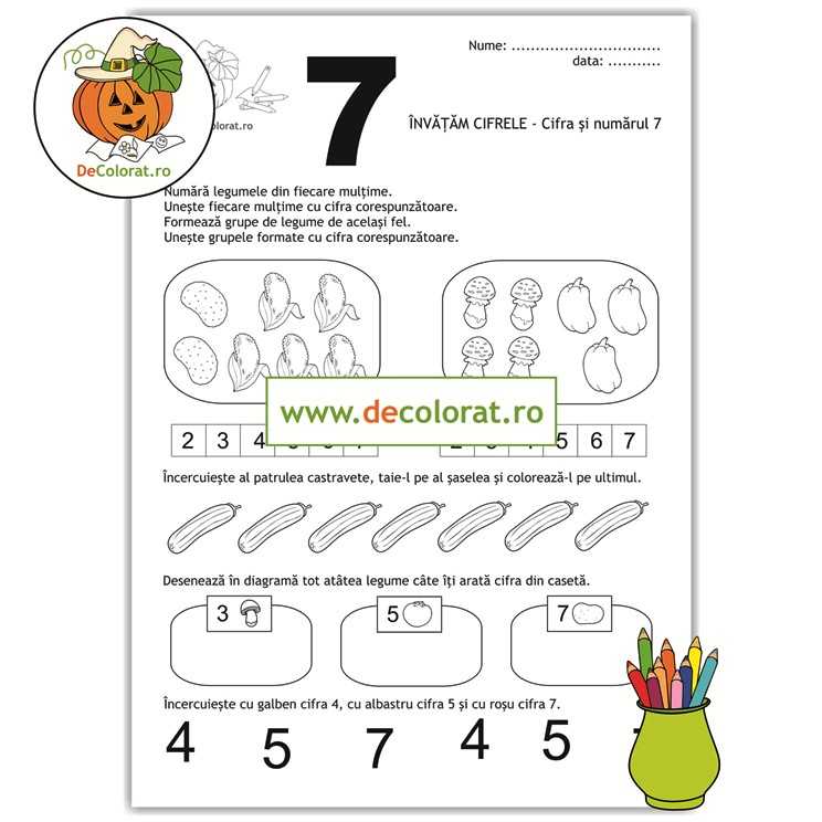 Fișă de lucru cu cifra 7 – formare mulțimi – ordonare