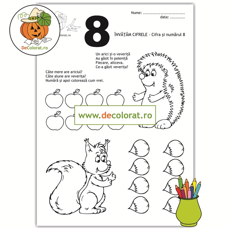 Fișă de lucru cu cifra 8 cu arici și veveriță