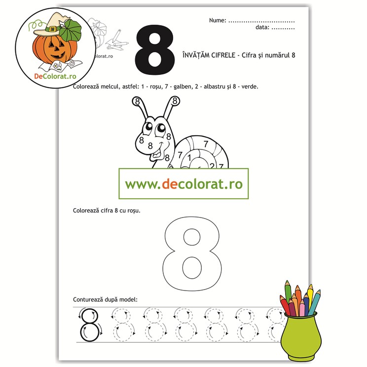 Fișă de trasare și de colorat cu cifra 8