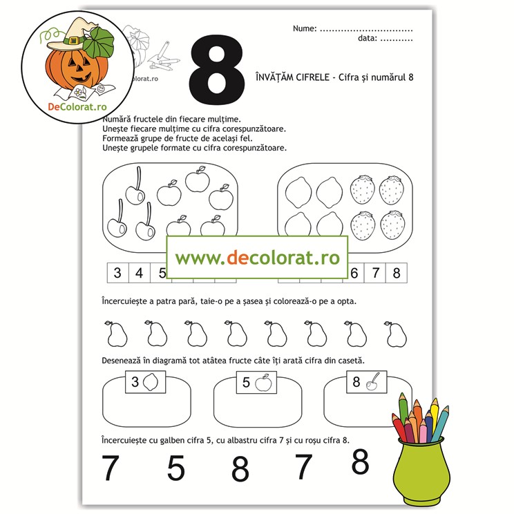 Fișă de lucru cu cifra 8 – formare mulțimi – ordonare