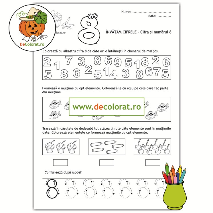 Fișă de lucru cu cifra 8 – identificare, mulțimi, trasare 8