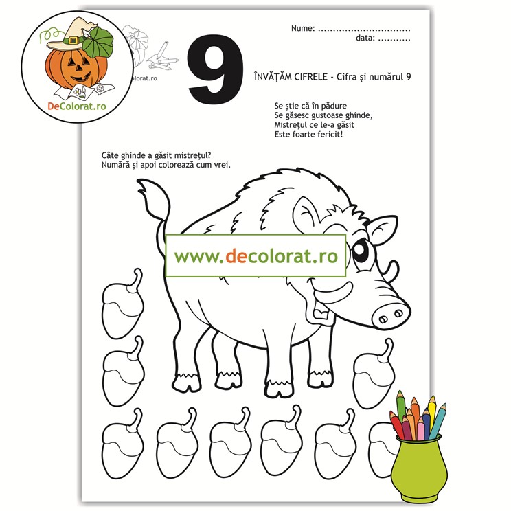Fișă de lucru cu cifra 9 și mistrețul cu ghinde