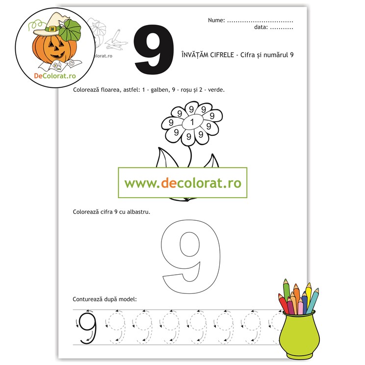 Fișă de trasare și de colorat cu cifra 9