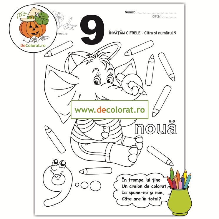Planșă de colorat cifra 9 cu ghicitoare