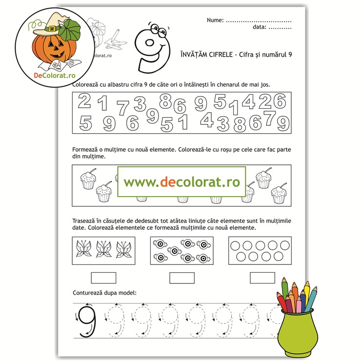 Fișă de lucru cu cifra 9 – identificare, mulțimi, trasare 9