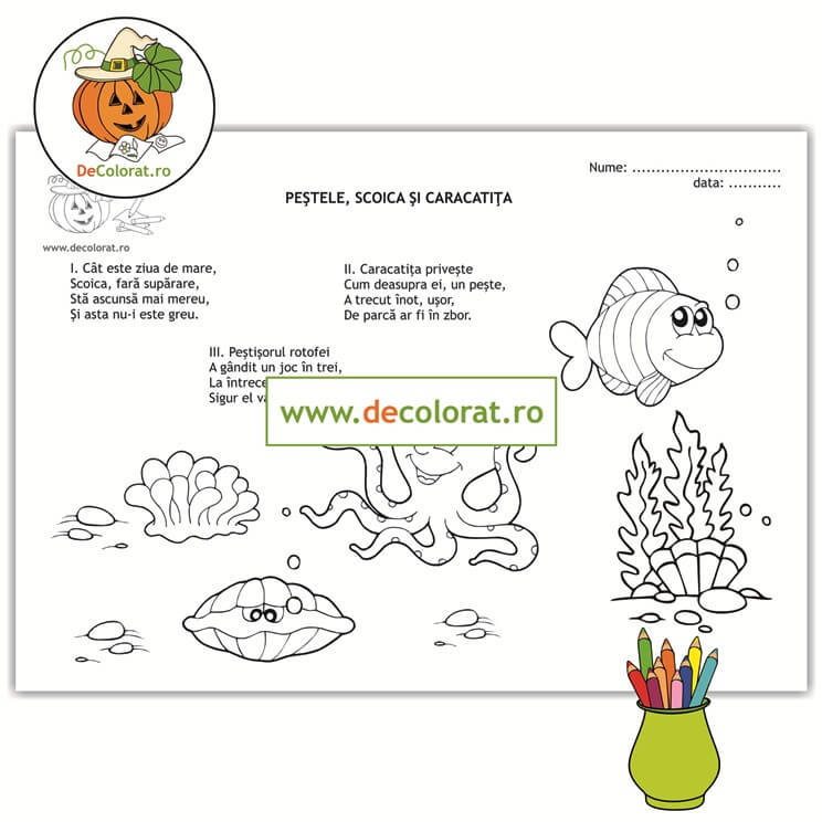 Scoica, caracatița și peștele – planșă de colorat cu poezie