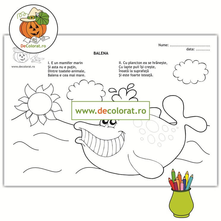 Balena – planșă de colorat cu poezie