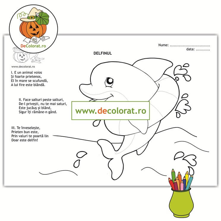 Delfinul – planșă de colorat cu poezie