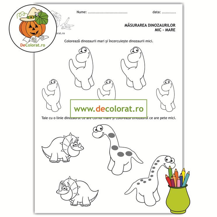 Comparația mare-mic – fișă de activitate cu dinozauri