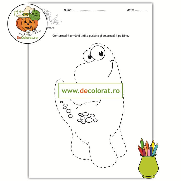 Dinozauri – fișă de trasare după contur cu linii punctate și de colorat