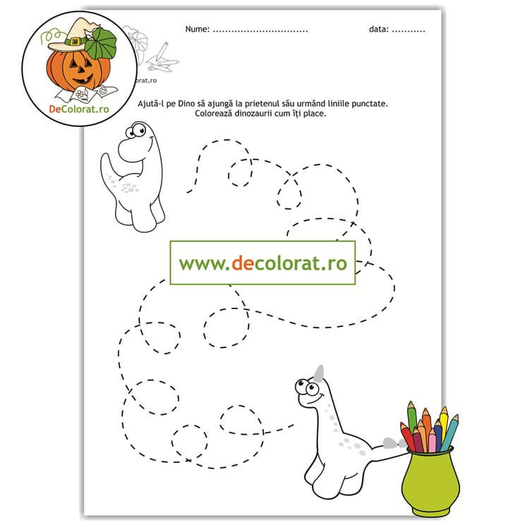 Fișă de trasare cu linii punctate și de colorat cu dinozauri