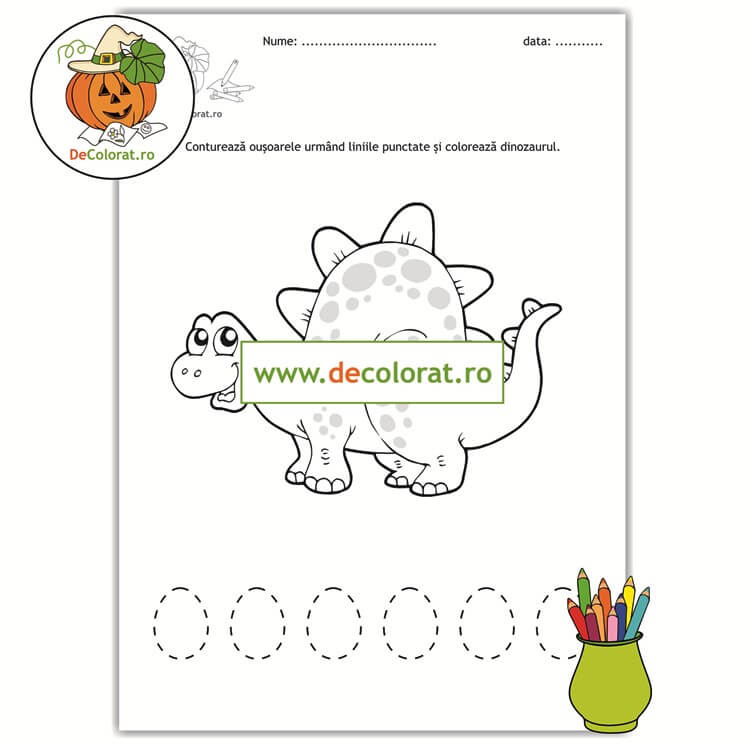 Fișă de trasare după contur cu ouă de dinozaur – exerciții grafice