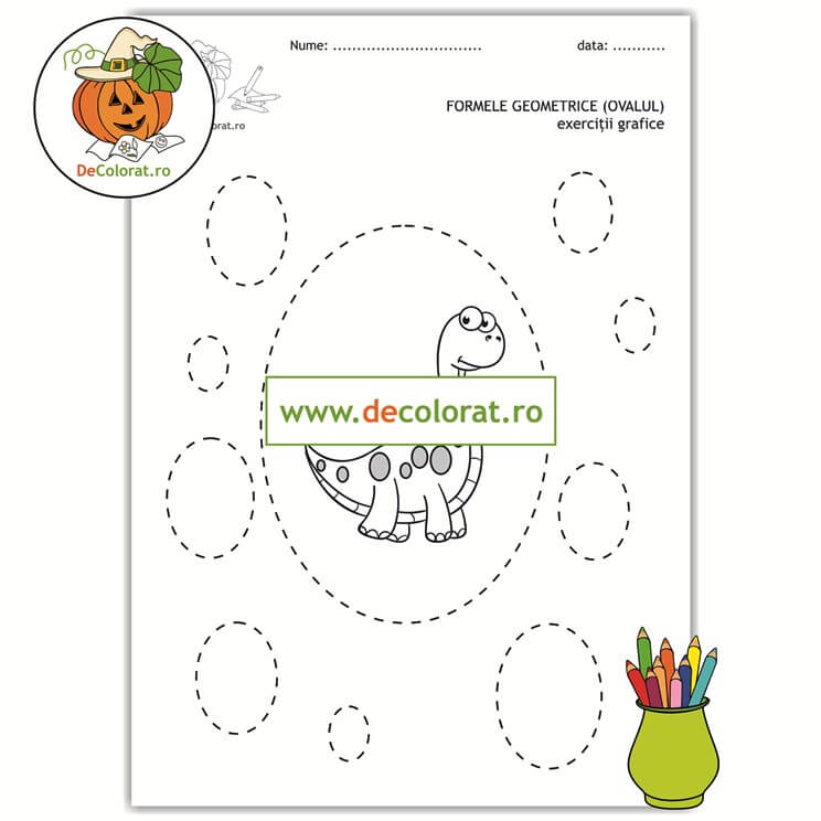 Formele geometrice (ovalul) – fișă de lucru cu exerciții grafice cu dinozaur