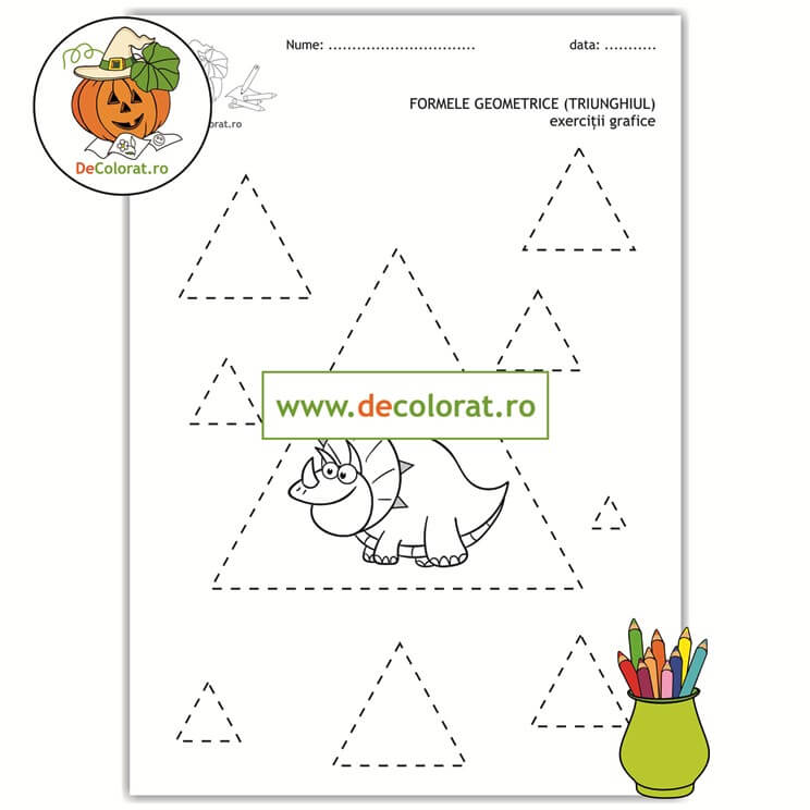 Formele geometrice (triunghiul) – fișă de lucru cu exerciții grafice cu dinozaur