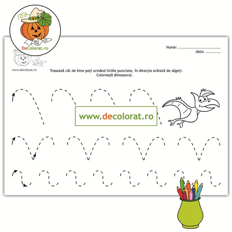 Fișă de trasare cu linii punctate și de colorat cu dinozaur – exerciții grafice