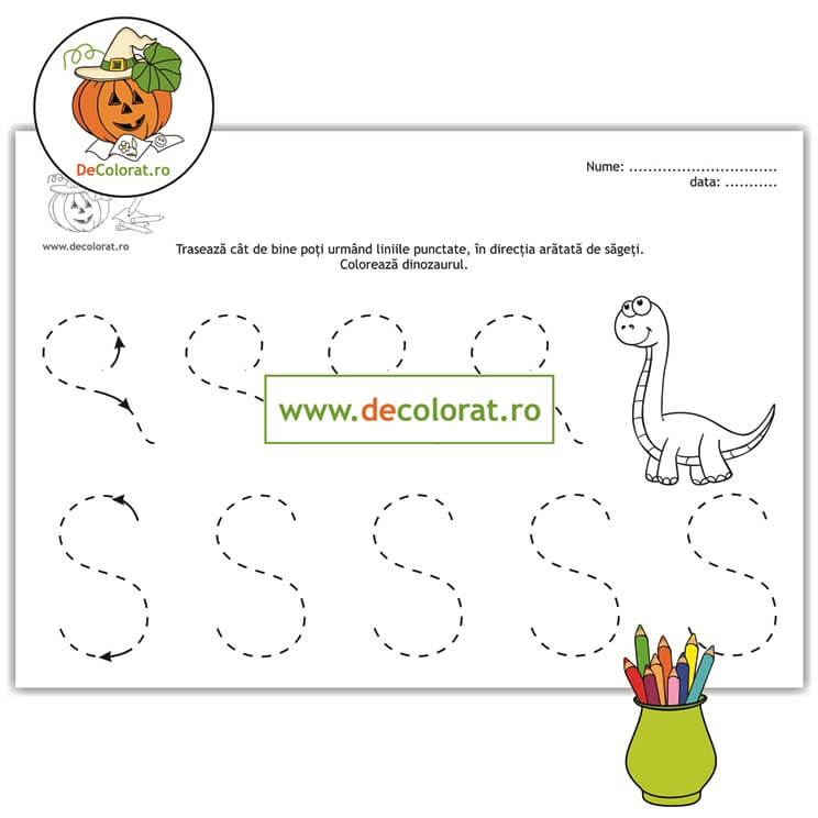 Fișă de trasare cu linii punctate și de colorat cu dinozaur – exerciții grafice