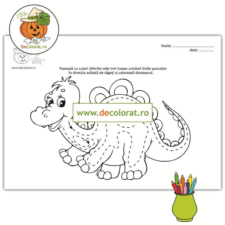Fișă de trasare și de colorat cu dinozaur