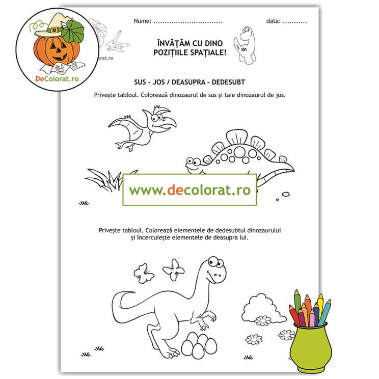 Poziții spațiale – sus-jos / deasupra-dedesubt – fișă de activitate cu dinozauri