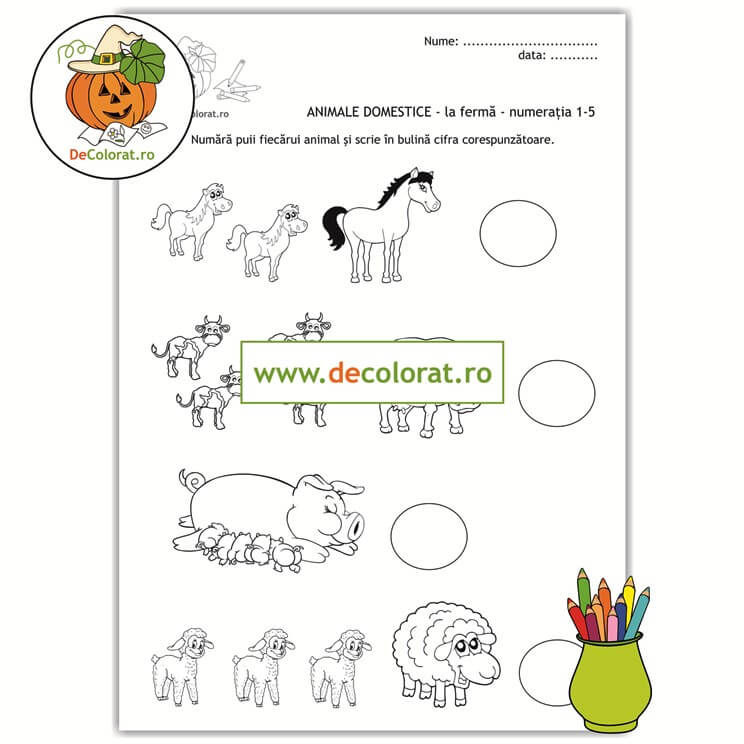 Fișă de lucru cu animale domestice și puii lor – numerația în limitele 1-5