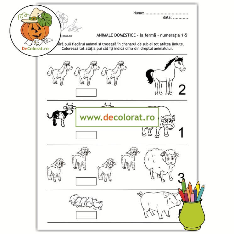 Fișă de lucru cu animale domestice și puii lor – numerația în limitele 1-5
